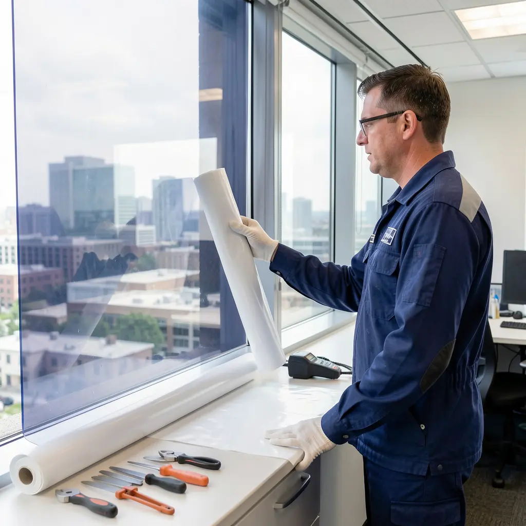 Professional window film application on office windows